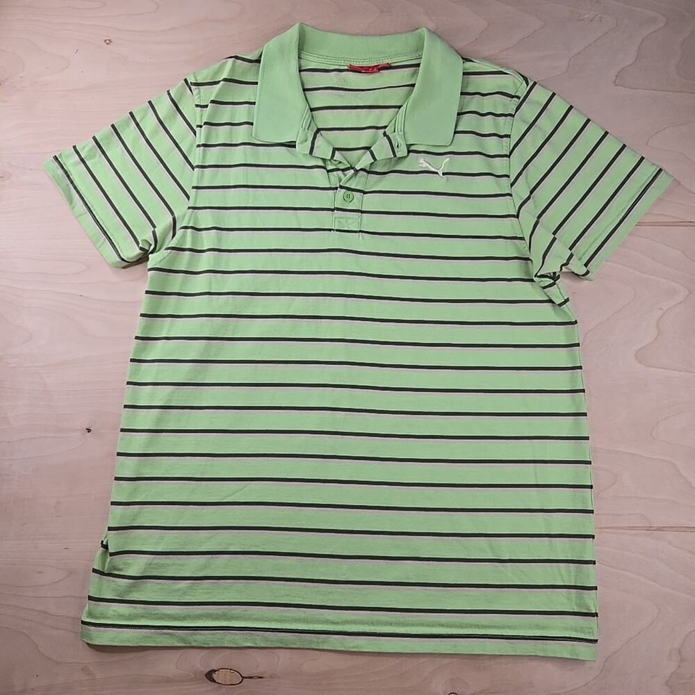 Vintage Puma Neon Green Stripped Regular Fit Polo Short Sleeve Shirt L Logo